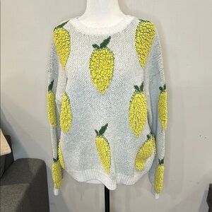 Moon & Madison White and Yellow Lemon Knit Crew Neck Sweater